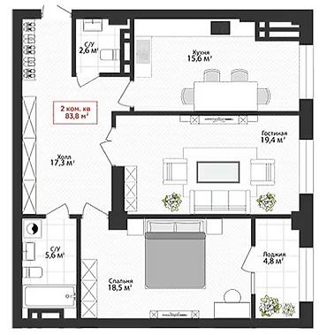 новостройка кут: 2 комнаты, 84 м², Рабочий Городок Элитка, 9 этаж, ПСО (под самоотделку) — 3