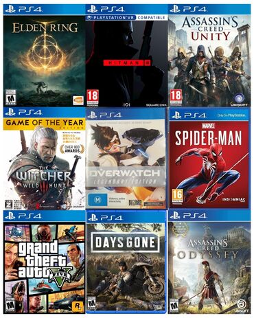 Oyun diskləri və kartricləri: Elden ring 50 Hitman 35 Assassin's creed unity 23 Witcher 25 Overwatch