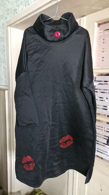 cotton haljine: Alexis 6XL (EU 52), color - Black, Oversize, Long sleeves