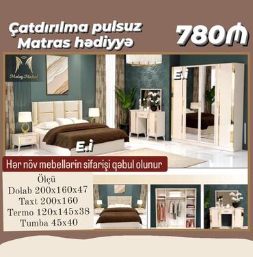 Divan və kreslo dəstləri: İkinəfərlik çarpayı, Dolab, Termo, 2 tumba, Yeni