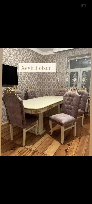 Masa və oturacaq dəstləri: Qonaq otağı üçün, Yeni, Açılmayan, Dördbucaq masa, 6 stul — 7