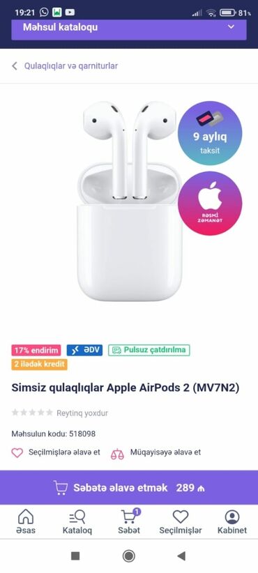 Airpros apple 2 tam orginaldi 289m almisam hec isdifade olmayib hara