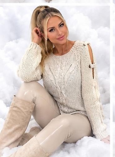 boho ogrlice: Ženski pleteni džemper, krem/bež boje. - Dizajn: klasičan okrugli — 3
