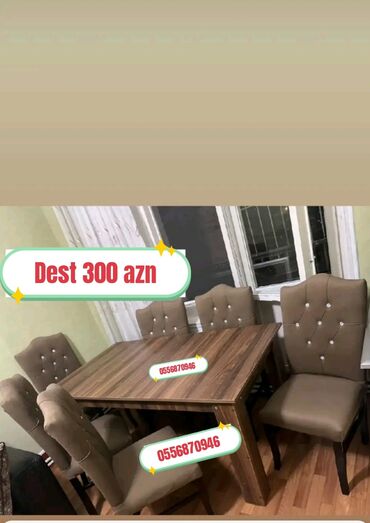 Masa və oturacaq dəstləri: Qonaq otağı üçün, Yeni, Açılmayan, Dördbucaq masa, 6 stul — 1