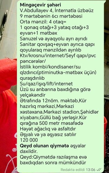 Yeni tikili: Mingəçevir, 4 otaqlı, Köhnə tikili, 87 kv. m