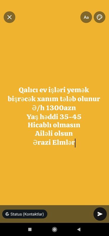 Xəstə baxıcıları, sanitarlar: Vakansiya: Qalıcı ev işləri və yemək bişirilməsi üçün xanım axtarılır