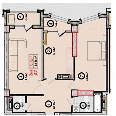 кв мкр: 2 комнаты, 73 м², Южная Магистраль Элитка, 8 этаж, ПСО (под самоотделку) — 4