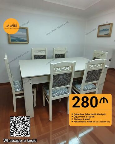 барные стулья: Qonaq otağı üçün, Açılan, Dördbucaq masa, 6 stul