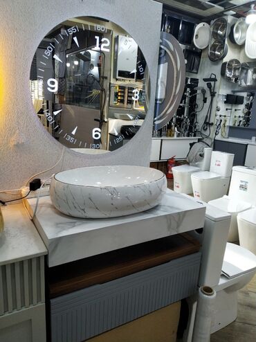 мойки для кухни в баку: Mərmər naxışlı üstəqoyma lavabo + dekorativ dairəvi LED güzgü -