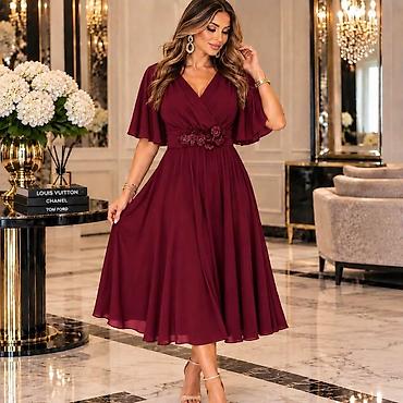 braon haljine za svadbu: Elegantna midi haljina s preklopom - Kroj: A-linija, midi dužina — 2