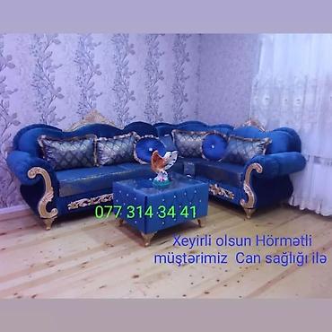 di̇van: Klassik üslubda L formalı salon dəsti - Dərin mavi rəngdə, yumşaq — 1