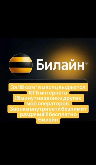 телефен: Тариф Beeline - Абонплата: 350 сом в месяц - Интернет: 80 ГБ -