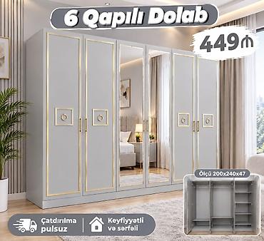 6 qapılı dolab – ölçü 200x240x47 sm. Elegant boz rəng, qızılı
