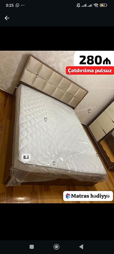 Mebel dəsti – taxta çarpayı başlığı və baza ilə - Rəng: açıq bej