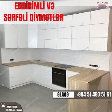sobalar: Ağ rəngli, müasir dizaynlı mətbəx mebeli layihəsi. L‑şəkilli planlama — 1