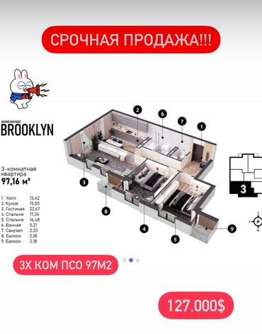 вторичное жилье: 3 комнаты, 97 м², Элитка, 5 этаж, ПСО (под самоотделку)