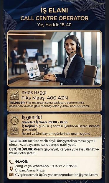 çağrı mərkəzi: Çağrı mərkəzi operatoru tələb olunur, 18-29 yaş, Təcrübəsiz, Aylıq ödəniş — 1