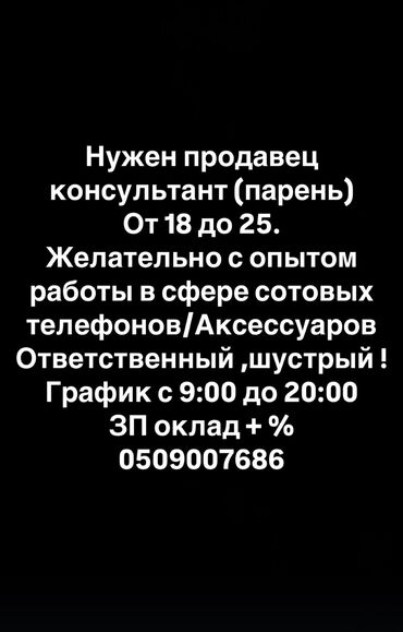 Продавцы-консультанты: Нужен продавец консультант парень от 18-25лет Желательно с опытом