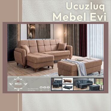 Ucuzluq Mebel Evi: Угловой диван, Новый, Раскладной, С подъемным механизмом, Набук, Бесплатная доставка в черте города