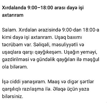 baxçada dayə iş elani: Xırdalanda uşaq baxımı xidməti - Xidmət növü: Dayə/ușaq baxıcısı - — 1