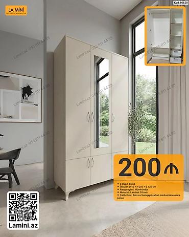 Dolablar: 3 qapılı dolab Xüsusiyyətlər: - Ölçülər: Dər. 45 sm × Hündürlük 200 — 1