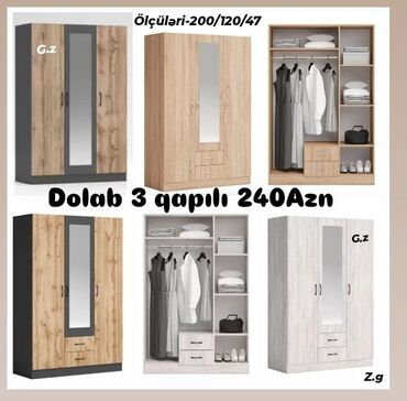 Шкафы: *Dolab 3 qapılı 240Azn* *İstehsal Rusiya Laminat 18/lik qalınlıqda*