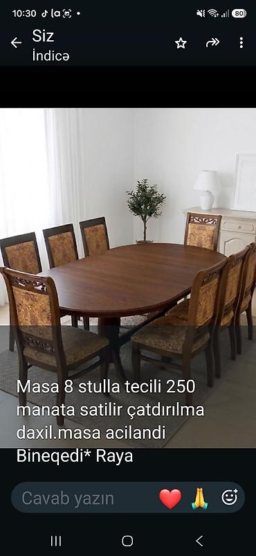 Məhsul: Yemək masası və 8 ədəd stul dəsti - Material: taxta, klassik