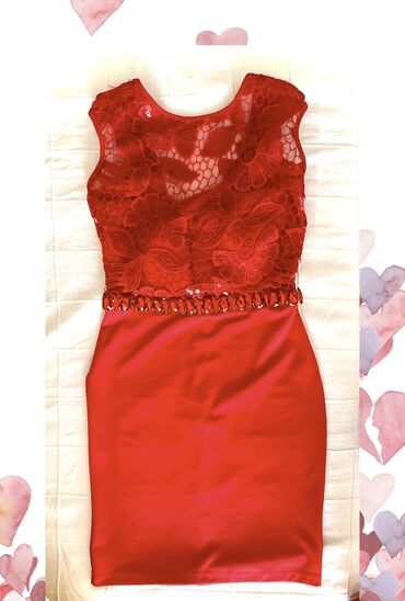 crvena čipkasta haljina: S (EU 36), bоја - Crvena, Koktel, klub, Kratkih rukava