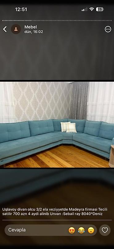 Divanlar: Uqlavoy (künc) divan – ölçü 3/2. Madeyra firmasının modeli. Rəng: mavi — 1