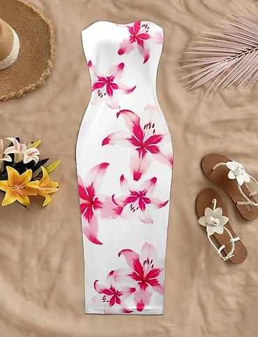 şlyapa: Ağ əsaslı, çiyin və qolsuz strapless bodycon midi don. Üzərində iri — 3