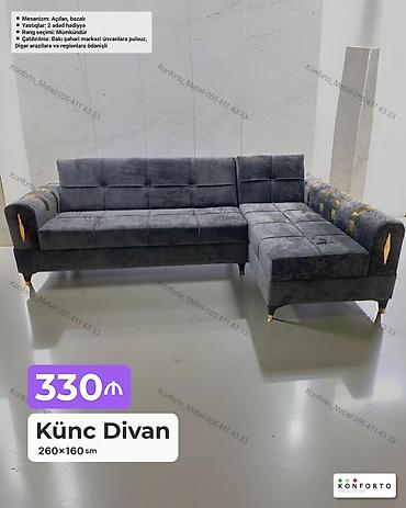 Künc Divan – 260×160 sm - Mexanizm: açılan, bazalı (yataq funksiyalı