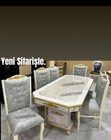 Masa və oturacaq dəstləri: Qonaq otağı üçün, Yeni, Açılmayan, Dördbucaq masa, 6 stul — 14