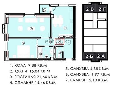 2комнат: 2 комнаты, 72 м² — 1