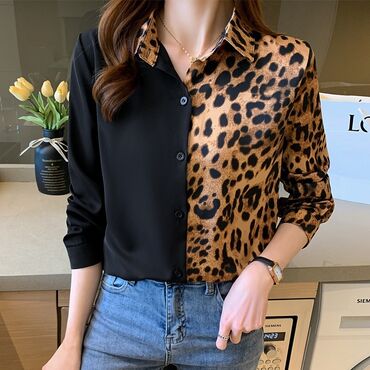 женские блузки с коротким рукавом: Блузка, Классическая модель, Леопардовый принт