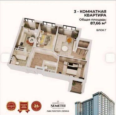 продажа квартир пишпек: 3 комнаты, 87 м², Элитка, 10 этаж, ПСО (под самоотделку)