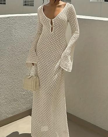 beden kremi: Açıq krem rəngli, uzun boho tərzli trikotaj paltar. - Material — 2