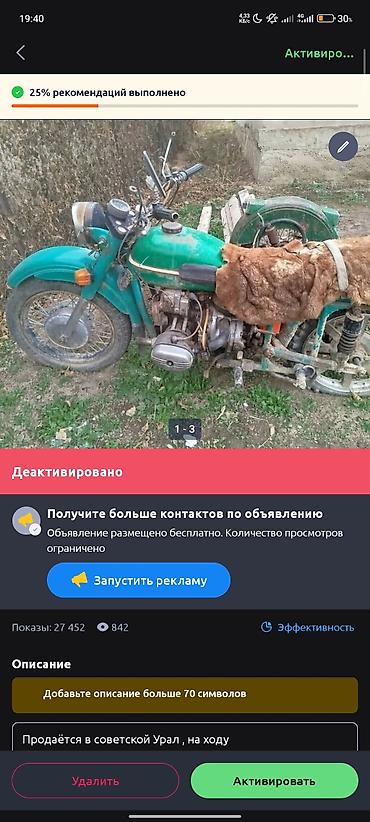 реплика мото: Мотоцикл с коляской «Урал», советский. Зеленый цвет, Описание из — 1