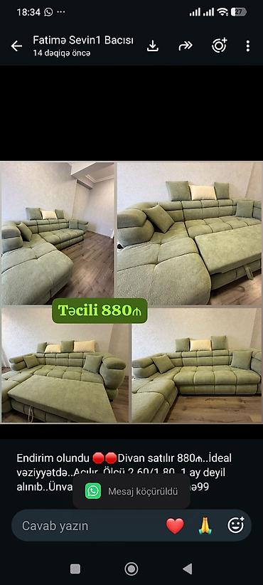 Endirim olundu 🛑🛑Divan satılır 880₼. İdeal vəziyyətdə. Açılır. Ölçü