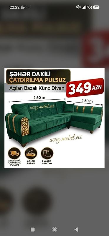 Açılan bazalı künc divan - Ölcülər: uzun hissə 2,60 m, qısa hissə