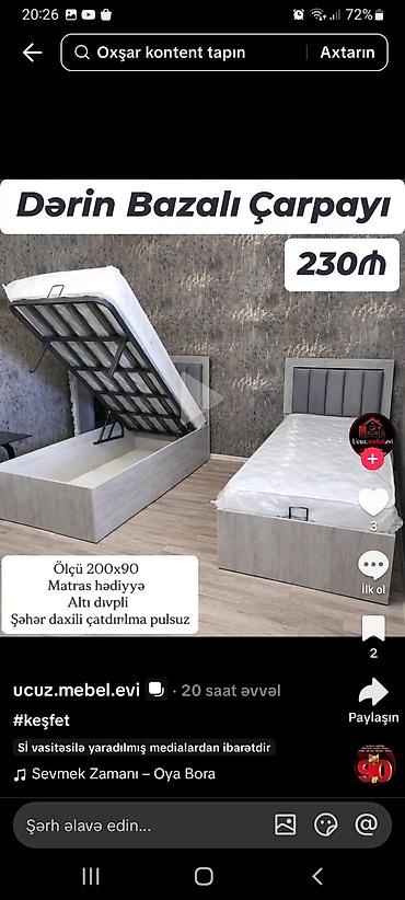 Dərin bazalı tək çarpayı - Ölçü: 200 x 90 sm - Dərin saxlama bölməsi