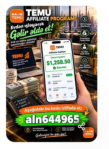 1️⃣ Temu tətbiqini aç.2️⃣ Axtarış yerinə bu aktiv kodu yaz: aln644965 lalafo.az -da 1️⃣ Temu tətbiqini aç.2️⃣ Axtarış yerinə bu aktiv kodu yaz: aln644965