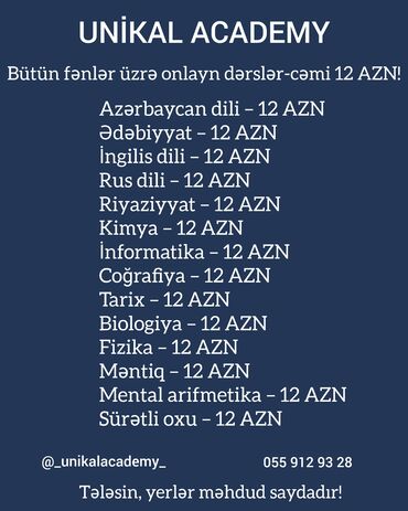 Repetitorlar: Repetitor, Mental arifmetika, Riyaziyyat, Biologiya, Rus dili, Azərbaycan dili, İmtahanlara hazırlıq, Abituriyent hazırlığı