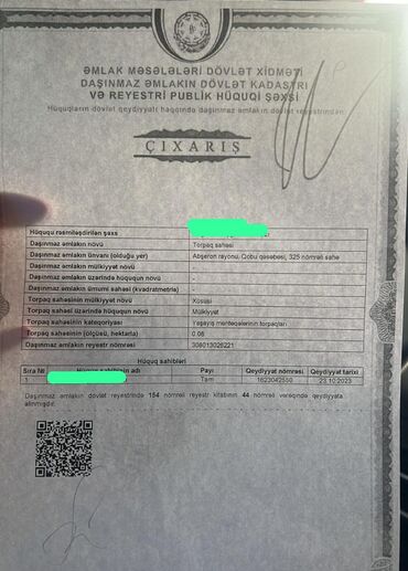 Torpaq sahələrinin satışı: 8 sot, Tikinti, Mülkiyyətçi, Kupça (Çıxarış)