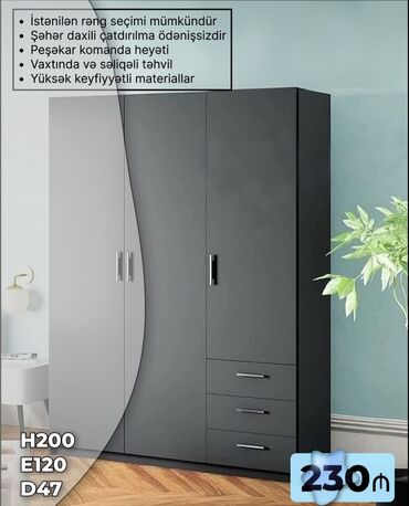 3 reqemi: Yeni, Açılan, 3 qapılı Düz dolab, Qarderob, paltar dolabı, Azərbaycan