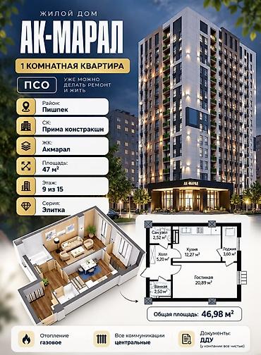 Продажа квартир: 1 комната, 47 м², Пишпек Элитка, 9 этаж, ПСО (под самоотделку) — 2