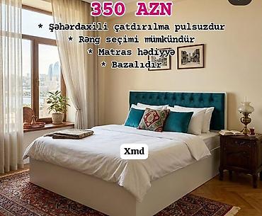 Ev üçün mebel: Bazalı iki nəfərlik çarpayı dəsti - Başlıq: yumşaq, düyməli — 1
