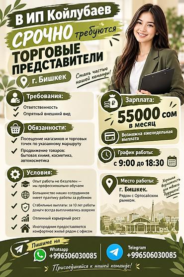 работа косметика: В ИП Койлубаев срочно требуются торговые представители (г. Бишкек) — 1