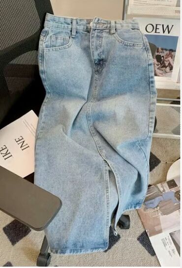 джинсовый пиджак: Юбка, Миди, Джинс, Высокая талия, С вырезом