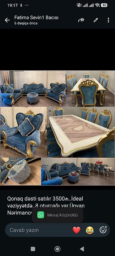 Qonaq dəsti satılır 3500₼. İdeal vəziyyətdə. 8 oturcağı var.Ünvan