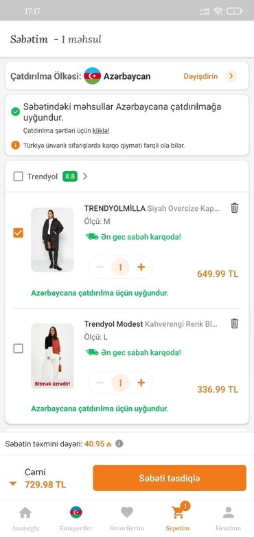 Kurtkalar: Qadın üçün qara kurtka. Ölçüsü səhv gəldiyi üçün satılır. S-38 bədən — 2